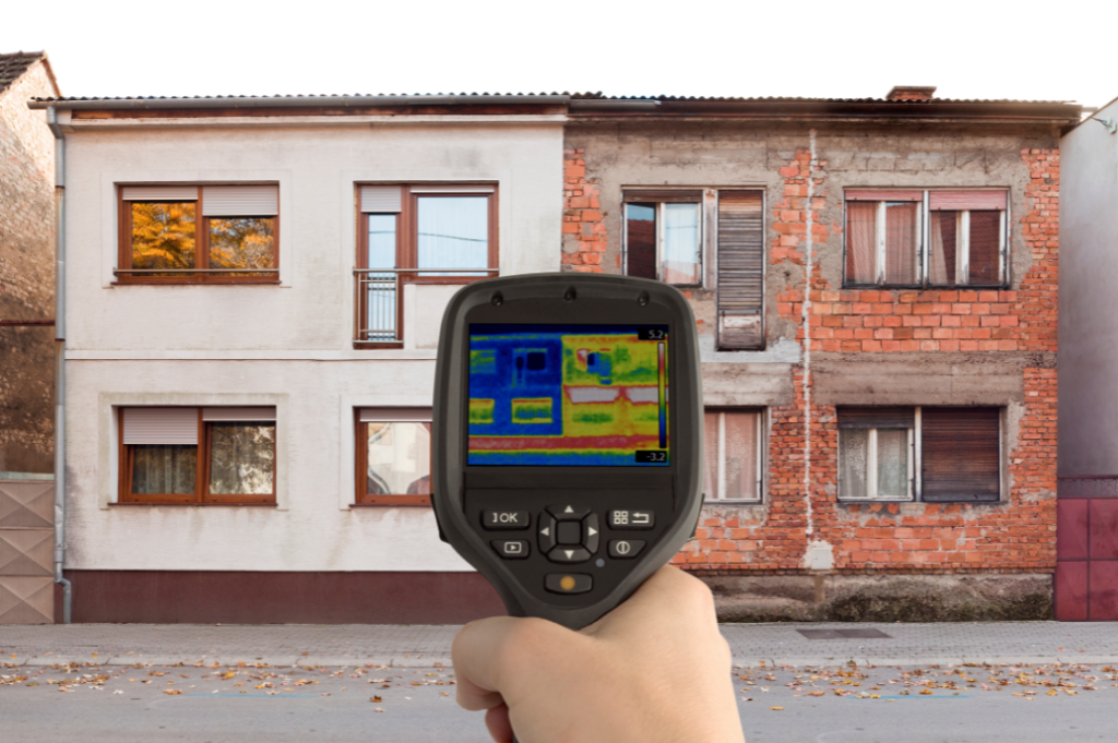 A thermographic survey taking place with a thermography camera on the exterior of a house - thermography / thermal imaging survey