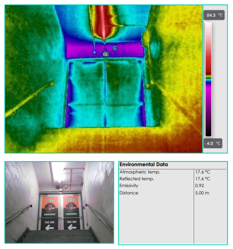 Internal thermal imaging of commercial double doors showing distinct blue cold lines around the frame, indicating air leakage caused by degraded seals.