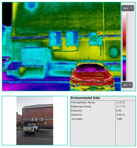 External thermal imaging of a brick elevation showing an irregular cold patch near the roofline, consistent with trapped moisture and water ingress.