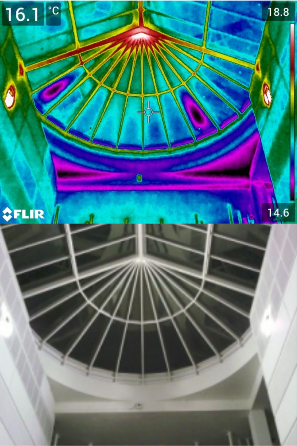 Side-by-side photo and Thermal image looking up at a complex glazed atrium roof in a shopping centre, showing temperature variations detected during a commercial thermal imaging survey.