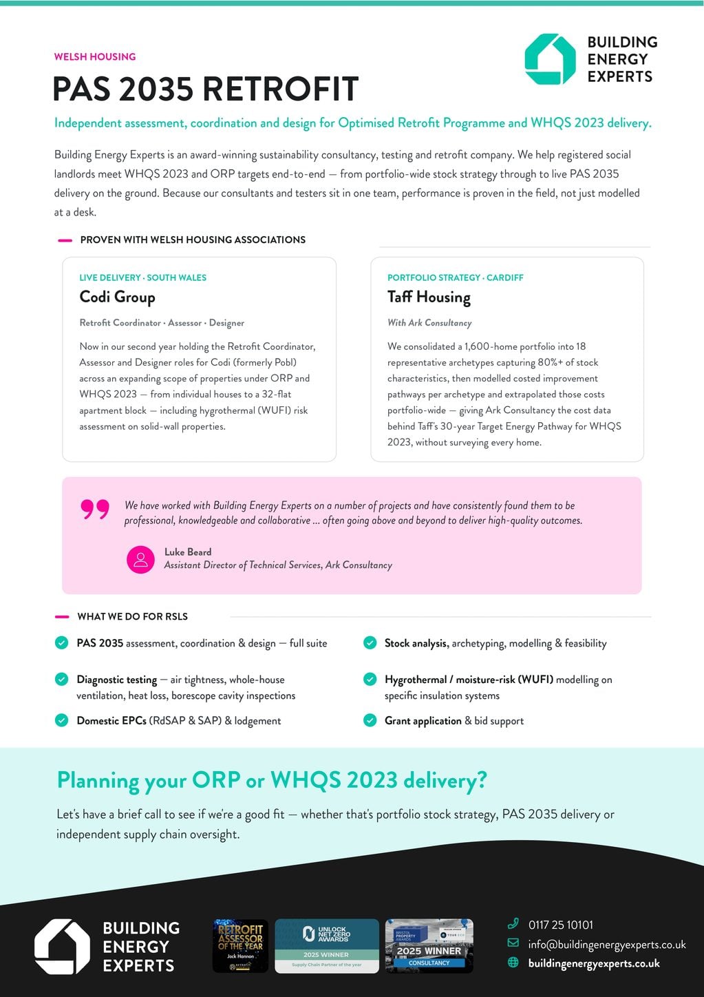 One-page PAS 2035 Retrofit flyer for Welsh housing associations from Building Energy Experts, covering Optimised Retrofit Programme and WHQS 2023 delivery services.