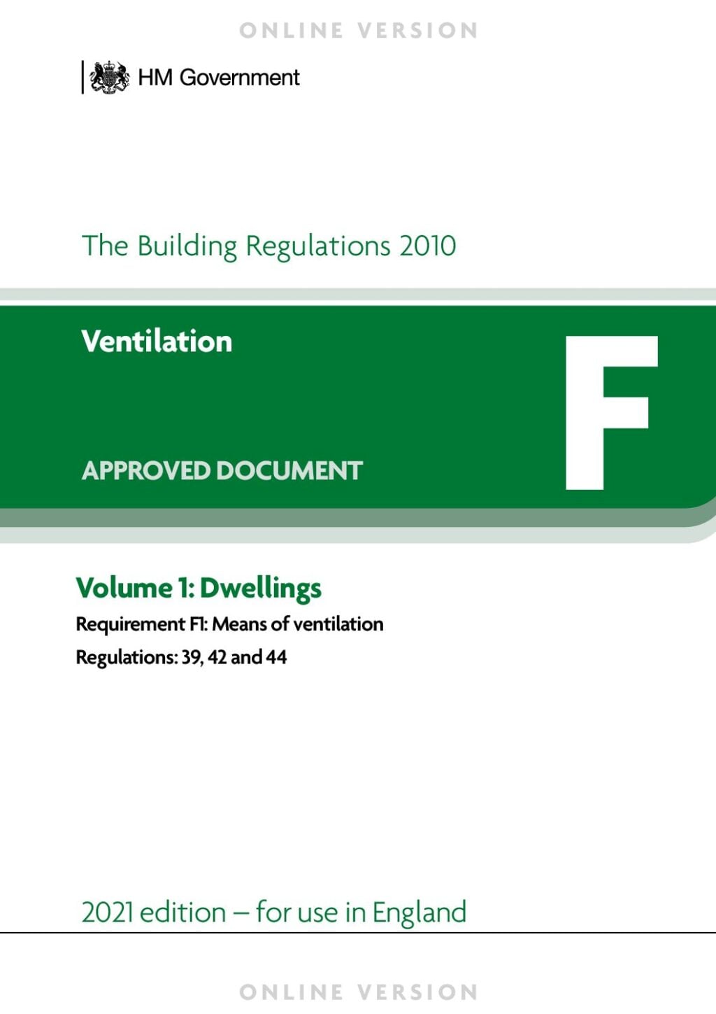 Cover page of HM Government Approved Document F, Volume 1: Dwellings, under the Building Regulations 2010, 2026 edition for use in England – covering Requirement F1 (means of ventilation).