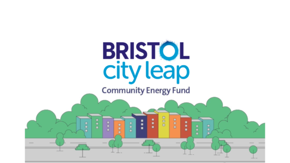 Bristol City Leap Community Energy Fund logo above an illustration of colourful terraced buildings with trees