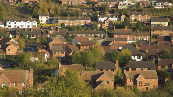 Aerial view of residential rooftops in Bridgnorth, Shropshire, showing a mix of traditional and modern housing across the rural county