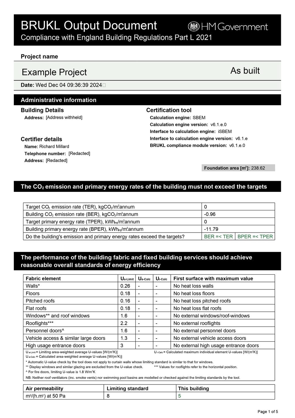 Redacted BRUKL Output Document showing a compliant As-Built SBEM result, with Target and Building CO₂ emission rates, U-value fabric limits, and an air permeability figure of 5 against a limiting standard of 8.