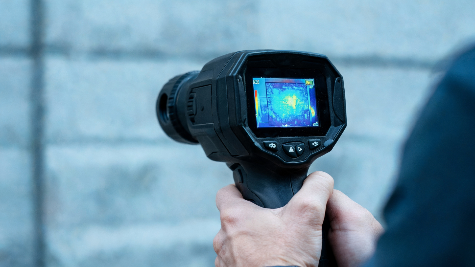Hand holding a professional thermal imaging camera, screen showing a thermogram of an exterior wall with a temperature scale displayed