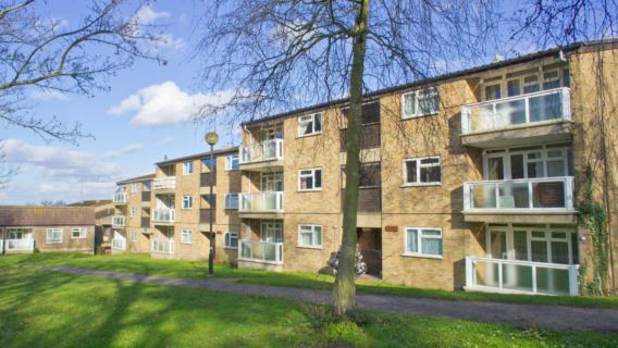 A three-storey brick apartment block with white-framed balconies and windows, set behind a grass lawn and pathway.